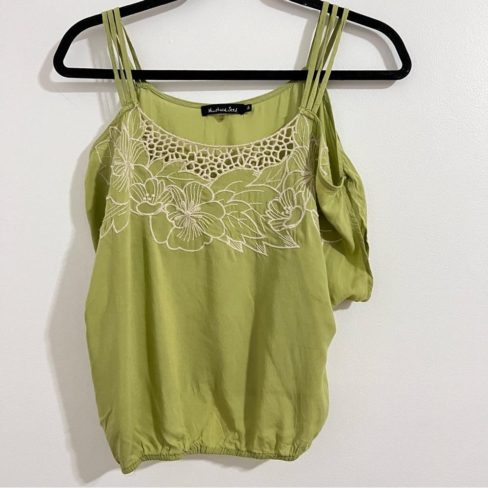 Mustard Seed Cold Shoulder Green Blouse Size S Floral Embroidery Top Spring